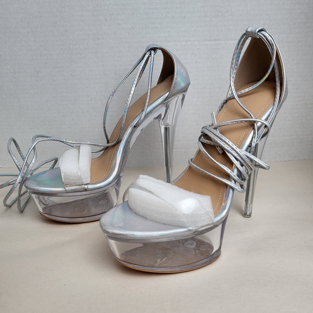 Miss Heel Silver and Clear Iridescent Lace up Platform Stiletto Size 7.5